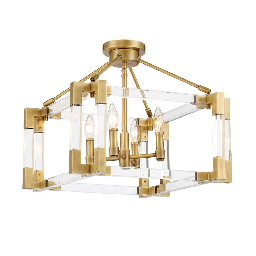 Prima Vista 18.875 in. 4-Light Aged Antique Brass Semi-Flush Mount with Clear Acrylic Accents by Metropolitan 3 Prima Vista 18.875 in. 4-Light Aged Antique Brass Semi-Flush Mount with Clear Acrylic Accents by Metropolitan