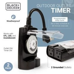 Outdoor 2 Grounded Outlets Timer with Waterproof Outlet Timer for Lights (2 Pack) by BLACK+DECKER -BLACK DECKER store black black decker outdoor lighting accessories bdxpa0030 4f 1000