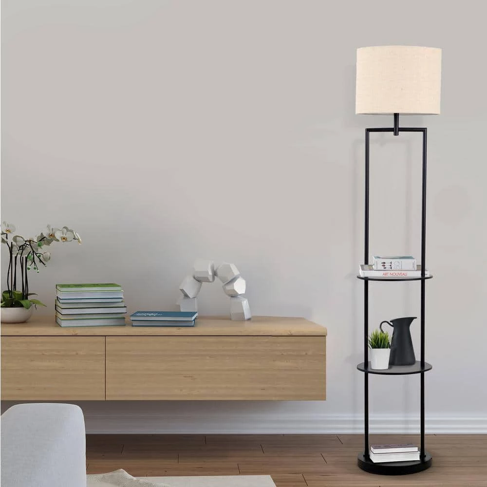 60 in. Black Etagere Floor Lamp with Linen Shade by Cresswell 6 60 in. Black Etagere Floor Lamp with Linen Shade by Cresswell - Image 4