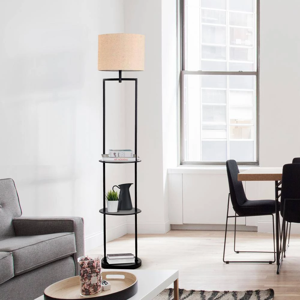 60 in. Black Etagere Floor Lamp with Linen Shade by Cresswell 5 60 in. Black Etagere Floor Lamp with Linen Shade by Cresswell - Image 3