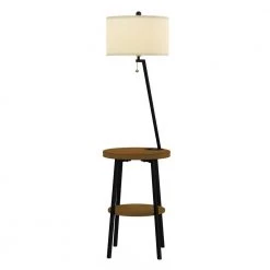 58 in. Brown and Black Mid-Century Modern LED Floor Lamp End Table with USB Charging Port by Lavish Home