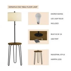 59 in. Brown and Black Mid-Century Modern LED Floor Lamp End Table with USB Charging Port by Lavish Home -BLACK DECKER store brown lavish home floor lamps hw1000078 4f 1000