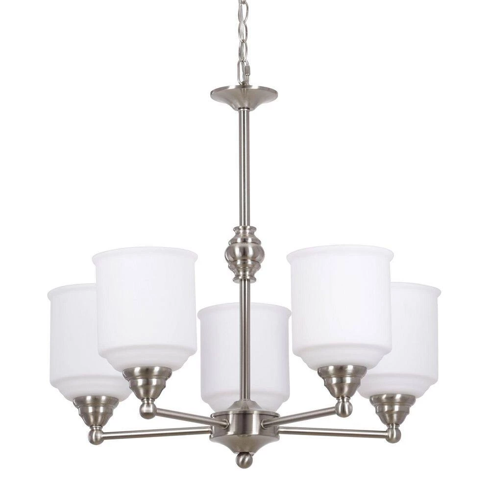 5-Light Brushed Nickel Contemporary Chandelier Pendant Light with Opal Glass Shades by Cresswell 6 5-Light Brushed Nickel Contemporary Chandelier Pendant Light with Opal Glass Shades by Cresswell - Image 4