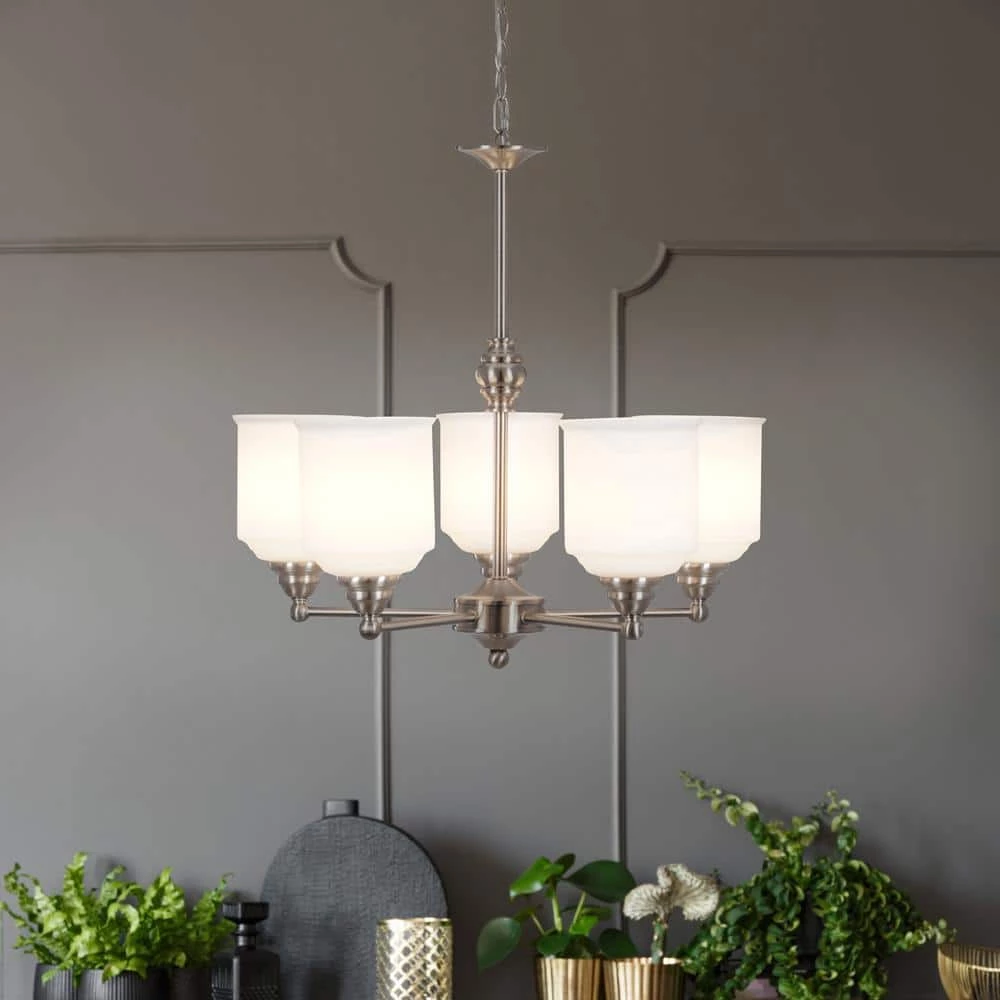 5-Light Brushed Nickel Contemporary Chandelier Pendant Light with Opal Glass Shades by Cresswell 8 5-Light Brushed Nickel Contemporary Chandelier Pendant Light with Opal Glass Shades by Cresswell - Image 6