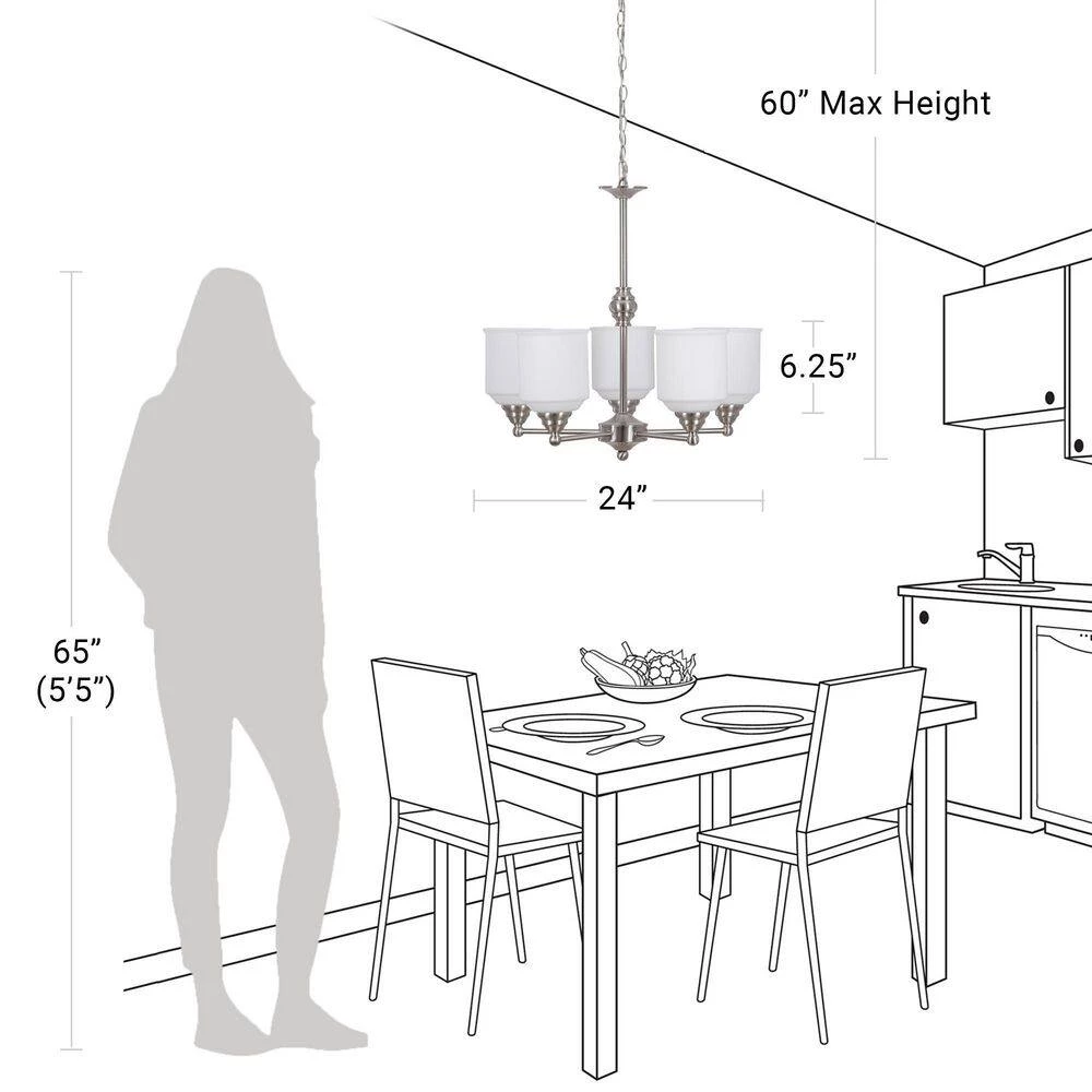 5-Light Brushed Nickel Contemporary Chandelier Pendant Light with Opal Glass Shades by Cresswell 5 5-Light Brushed Nickel Contemporary Chandelier Pendant Light with Opal Glass Shades by Cresswell - Image 3