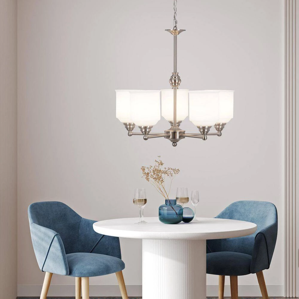 5-Light Brushed Nickel Contemporary Chandelier Pendant Light with Opal Glass Shades by Cresswell 4 5-Light Brushed Nickel Contemporary Chandelier Pendant Light with Opal Glass Shades by Cresswell - Image 2