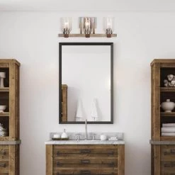 22.9 in. 3-Light Brushed Nickel and Walnut Wood Finish Vanity Light with Clear Seeded Glass Shades by Cresswell -BLACK DECKER store brushed nickel cresswell vanity lighting 27077 000 31 1000