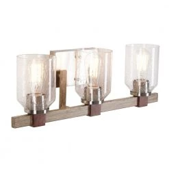 22.9 in. 3-Light Brushed Nickel and Walnut Wood Finish Vanity Light with Clear Seeded Glass Shades by Cresswell