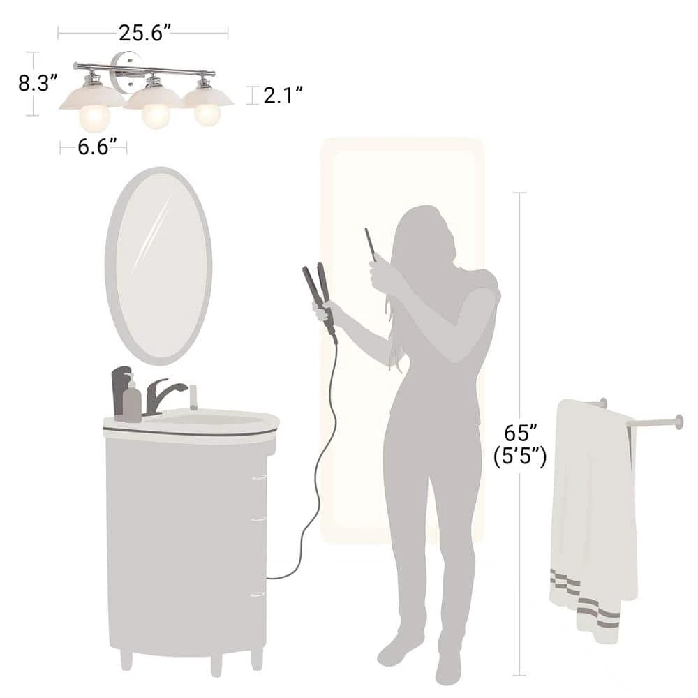 26 in. 3-Light Chrome Vanity Light with Opal Glass Shades by Cresswell 7 26 in. 3-Light Chrome Vanity Light with Opal Glass Shades by Cresswell - Image 5