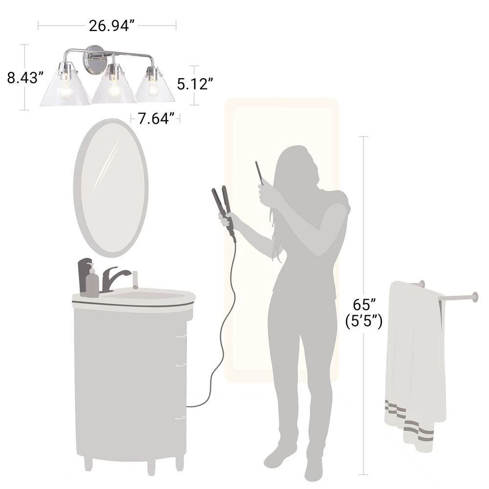 3-Light Chrome Vanity Light with Clear Glass Shades by Cresswell 8 3-Light Chrome Vanity Light with Clear Glass Shades by Cresswell - Image 6