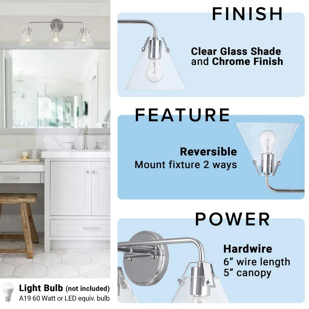 3-Light Chrome Vanity Light with Clear Glass Shades by Cresswell 7 3-Light Chrome Vanity Light with Clear Glass Shades by Cresswell - Image 5