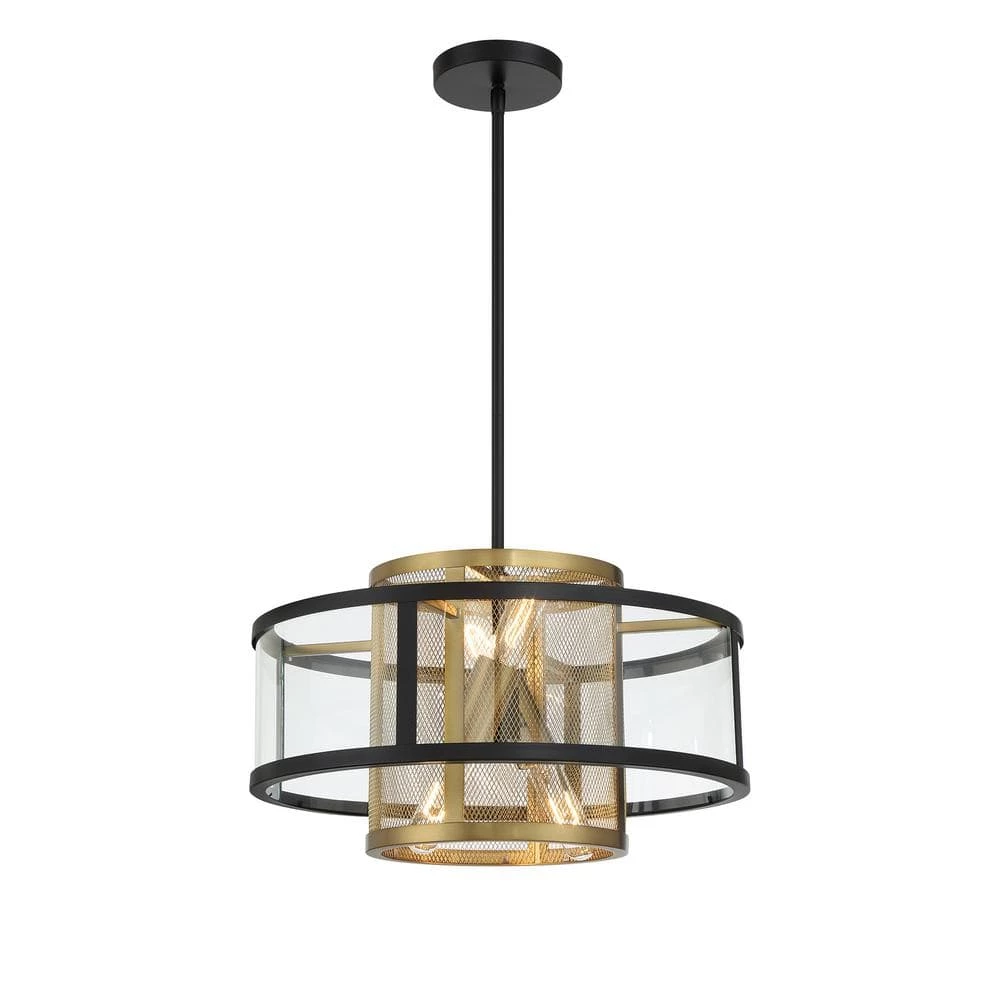 Soho 4-Light Coal and Soft Brass Cage Pendant to Flush Mount with Clear Glass Shade by Metropolitan 3 Soho 4-Light Coal and Soft Brass Cage Pendant to Flush Mount with Clear Glass Shade by Metropolitan