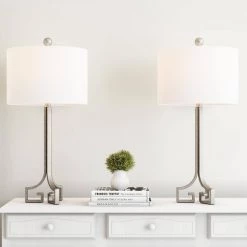 28.75 in. Antique Silver Greek Key Design LED Table Lamps with Ivory Shades (Set of 2) by Lavish Home -BLACK DECKER store lavish home lamp sets hw1000059 1f 1000