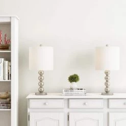 24.5 in. Contemporary Brushed Silver Stacked Ball LED Table Lamps with Ivory Shades (Set of 2) by Lavish Home -BLACK DECKER store lavish home lamp sets hw1000062 4f 1000