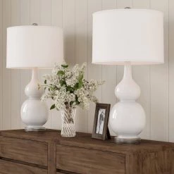 26.25 in. Double Gourd Ceramic Milky White LED Table Lamps with Ivory Shades (Set of 2) by Lavish Home -BLACK DECKER store lavish home lamp sets hw1000066 4f 1000