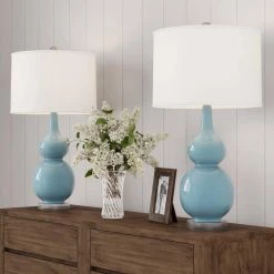 26.25 in. Double Gourd Ceramic Spa Blue LED Table Lamps with Ivory Shades (Set of 2) by Lavish Home -BLACK DECKER store lavish home lamp sets hw1000067 4f 1000