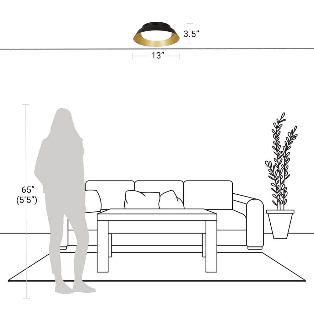 13 in. 1-Light Matte Black LED Modern Flush Mount with Brushed Gold Interior Shade by Cresswell 6 13 in. 1-Light Matte Black LED Modern Flush Mount with Brushed Gold Interior Shade by Cresswell - Image 4