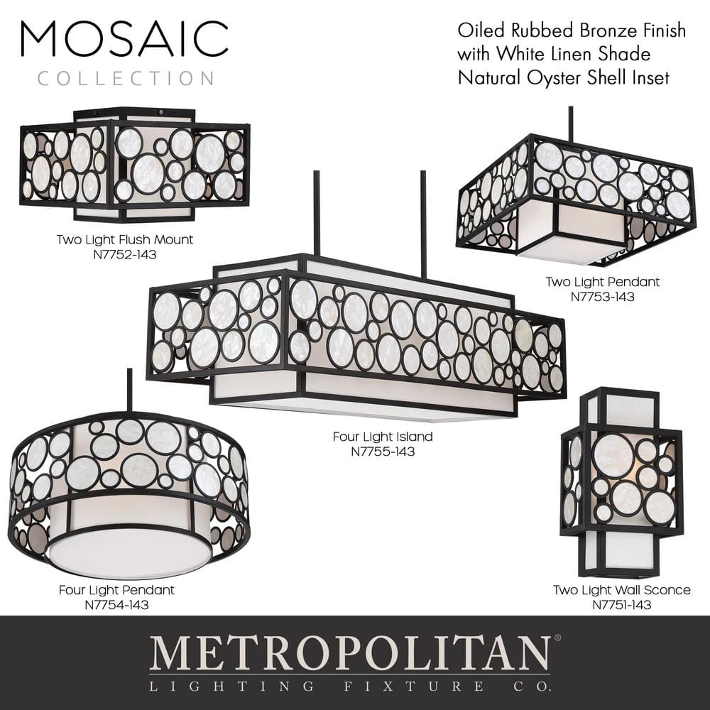 Mosaic 2-Light Oil Rubbed Bronze Square Pendant with White Linen and Shell Cloth Shades by Metropolitan 7 Mosaic 2-Light Oil Rubbed Bronze Square Pendant with White Linen and Shell Cloth Shades by Metropolitan - Image 5
