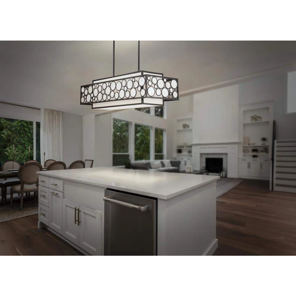 Mosaic 4-Light Oil Rubbed Bronze Island Chandelier with White Linen and Shell Cloth Shades by Metropolitan 4 Mosaic 4-Light Oil Rubbed Bronze Island Chandelier with White Linen and Shell Cloth Shades by Metropolitan - Image 2
