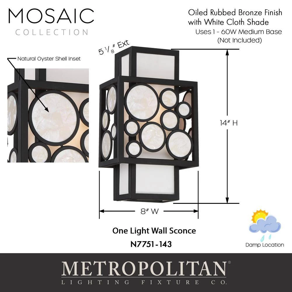 Mosaic 1-Light Oil Rubbed Bronze Wall Sconce with White Linen and Shell Cloth Shade by Metropolitan 6 Mosaic 1-Light Oil Rubbed Bronze Wall Sconce with White Linen and Shell Cloth Shade by Metropolitan - Image 4