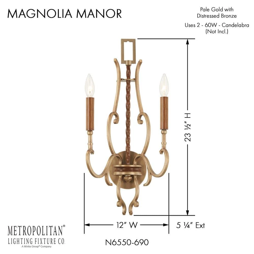 Magnolia Manor 2-Light Pale Gold with Distressed Bronze Wall Sconce by Metropolitan 4 Magnolia Manor 2-Light Pale Gold with Distressed Bronze Wall Sconce by Metropolitan - Image 2