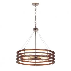 6-Light Polished Nickel Drum Pendant with Mahogany Wood Finish Shade by Cresswell