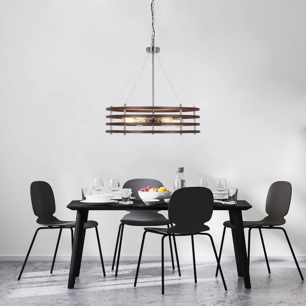 6-Light Polished Nickel Drum Pendant with Mahogany Wood Finish Shade by Cresswell 4 6-Light Polished Nickel Drum Pendant with Mahogany Wood Finish Shade by Cresswell - Image 2