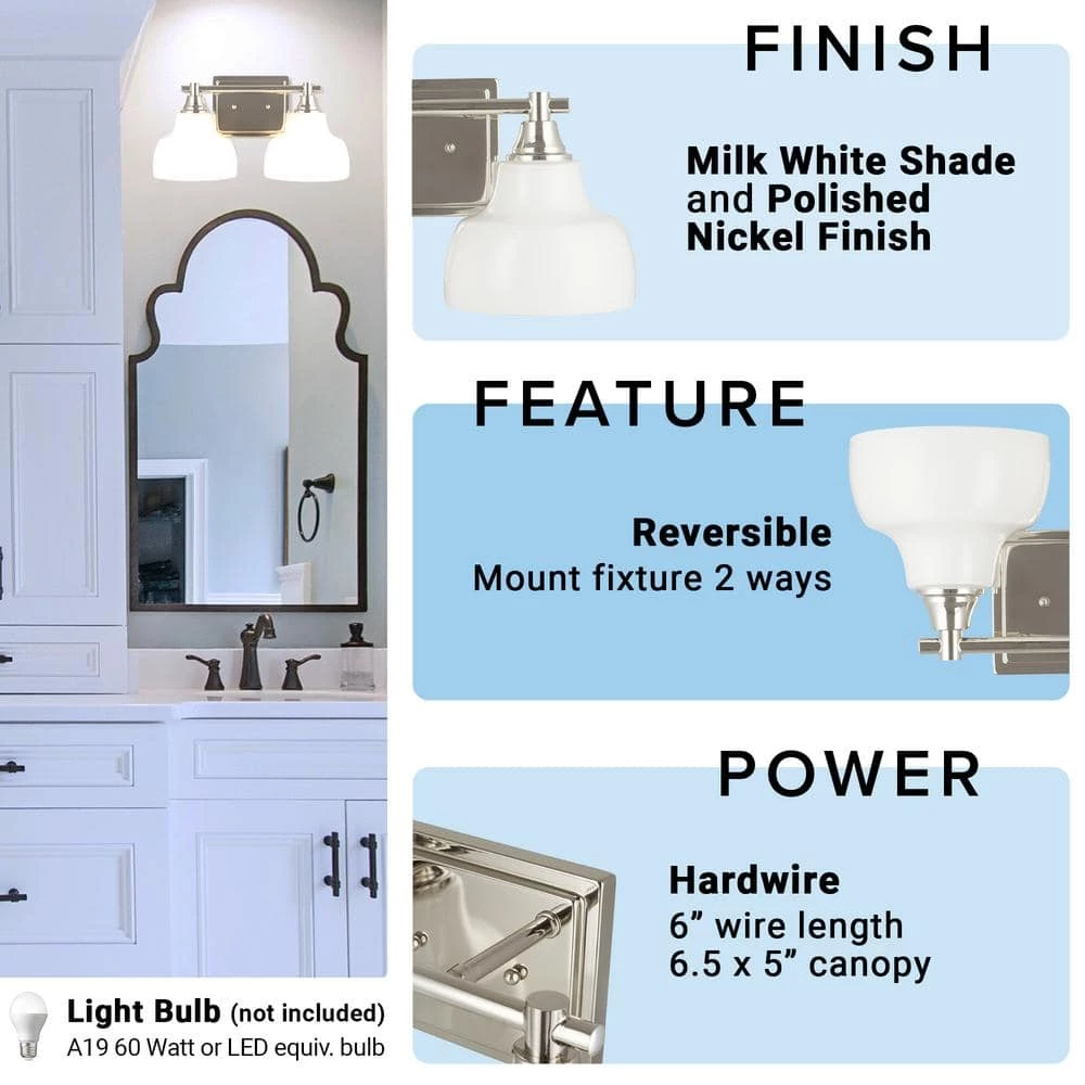 2-Lights Polished Nickel Vanity Light with Milk White Glass Shades by Cresswell 7 2-Lights Polished Nickel Vanity Light with Milk White Glass Shades by Cresswell - Image 6