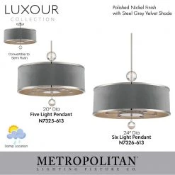 Luxour 6-Light Polished Nickel Pendant with Steel Grey Velvet Shade by Metropolitan -BLACK DECKER store polished nickel metropolitan chandeliers n7326 613 44 1000
