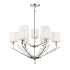 Sutton 9-Light Polished Nickel Geometric Chandelier with Clear Pressed Glass and White Silk Shades by Metropolitan