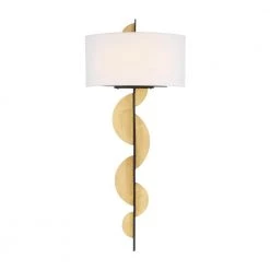 Navia 7.875 in. Sand Coal and Ardent Gold Leaf LED Sconce with White Linen Shade by Metropolitan