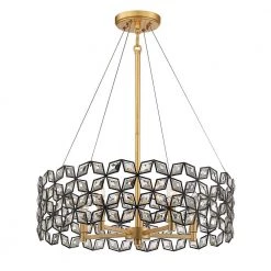 Brookcrest 5-Light Sand Coal and Gold Leaf Drum Pendant with Crystal Glass Shades by Metropolitan
