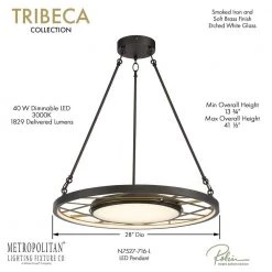 Tribeca 28 in. 200-Watt Equivalence Integrated LED Smoked Iron and Soft Brass Pendant with Etched White Glass Diffuser by Metropolitan -BLACK DECKER store smoked iron and soft brass metropolitan chandeliers n7527 716 l 4f 1000