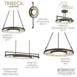 Tribeca 28 in. 200-Watt Equivalence Integrated LED Smoked Iron and Soft Brass Pendant with Etched White Glass Diffuser by Metropolitan -BLACK DECKER store smoked iron and soft brass metropolitan chandeliers n7527 716 l fa 1000
